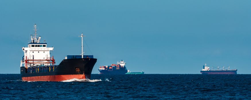 Black bulker ship. Logistics and merchandise transportations