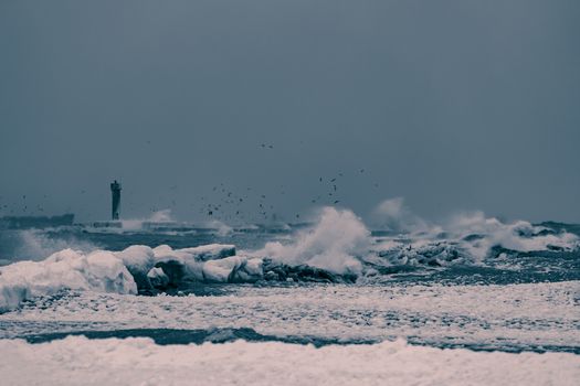 Big waves at the sea in stormy weather. Toned dark blue