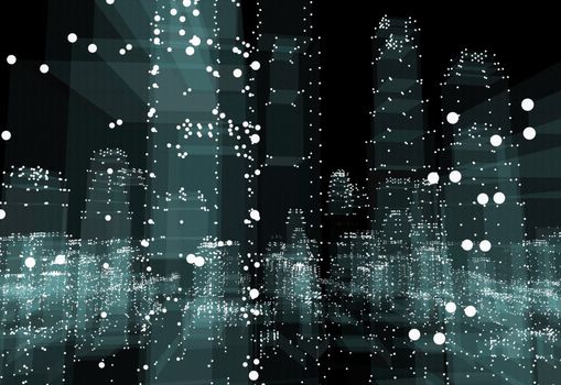 Abstract 3d city rendering with dots and digital elements. Technology concept. 3d illustration