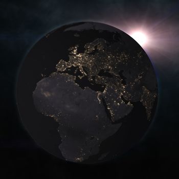 Night globe with city lights. Elements of this image furnished by NASA. 3d illustration