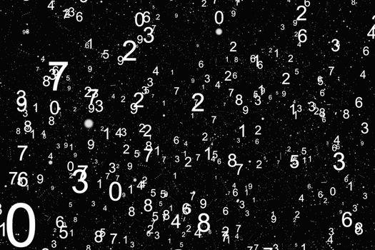 Abstract math number background. Black and white colors. Random sign flying