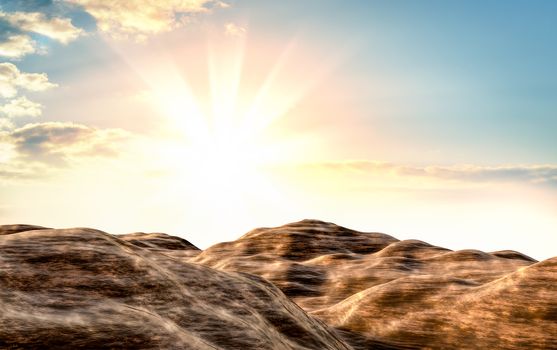 Background of brown clay soil and sky with clouds. 3d illustration