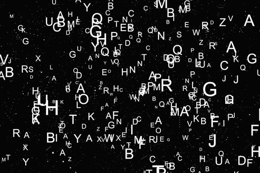 Abstract white alphabet fly on black background. Education concept