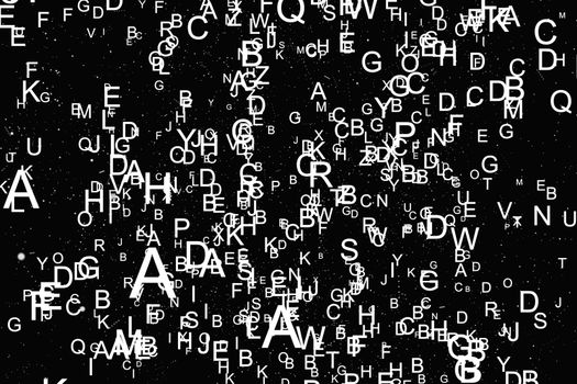 Abstract white alphabet fly on black background. Education concept