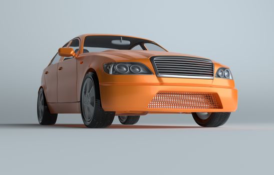 Car on gray studio background - orange paint. 3d rendering