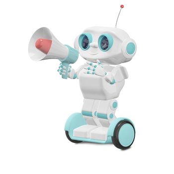 3D Illustration Robot with Megaphone on a White Background