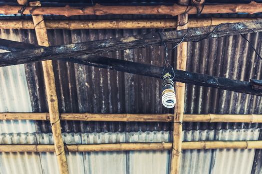 Hanging light bulb on the wood ceiling