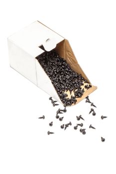 group of black screws for fixing metal profiles, in a paper box