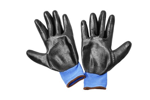 blue protective gloves, with black rubber