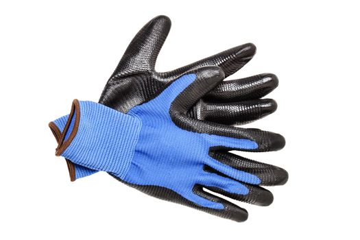 blue protective gloves, with black rubber