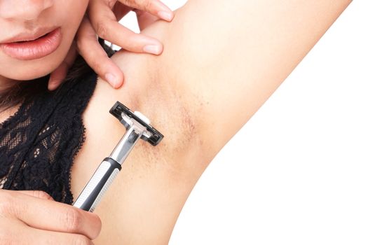 Close up woman problem armpit with razor shaving on white background