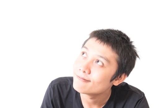 Asian young man thinking and smile with happy face on background, Copy space for text advertising concept