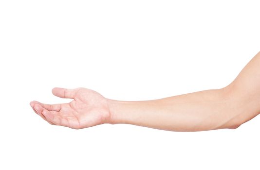 Man hands holding something on white background for product advertising concept