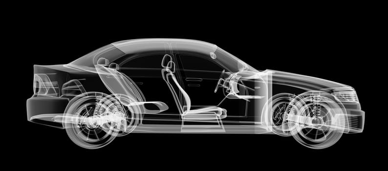 X-ray of car on isolated black background, 3d illustration
