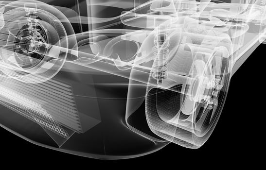 X-ray of the car's front suspension. 3d illustration