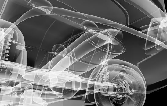 X-ray rear suspension car on black background, 3d illustration