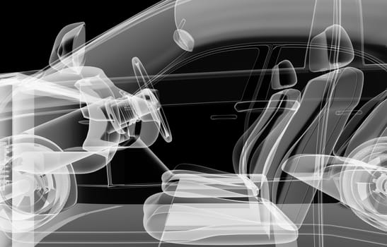 X-ray of car interior on black background, 3d illustration