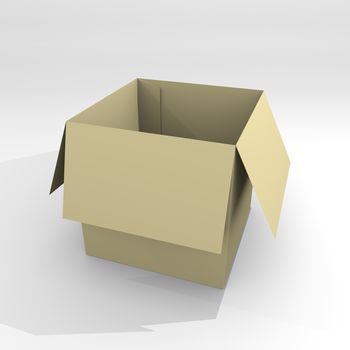 Empty open box isolated on white background. 3D illustration of paper box for transportation. Cardboard package realistic and detailed.
