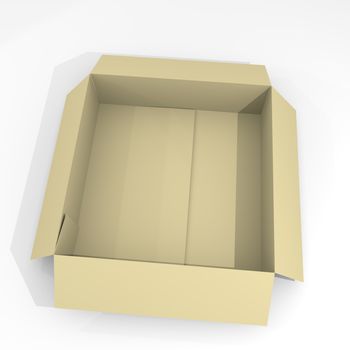 Empty open box isolated on white background. 3D illustration of paper box for transportation. Cardboard package realistic and detailed.