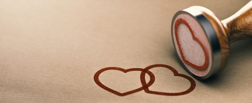 Rubber stamp and two heart shapes over kraft paper background. Concept of love and valentines day. 3d illustration. 