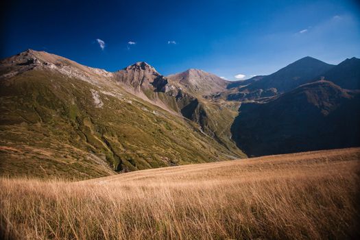 nature scenery in autumn, field with mountains in the background