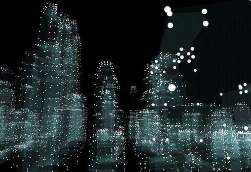 Abstract 3d city rendering with dots and digital elements. Technology concept. 3d illustration