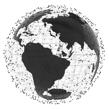 Globe internet connecting. Black Earth with dots and lines on white background. 3d illustration