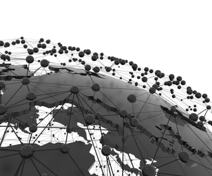 Globe internet connecting. Black Earth with dots and lines on white background. 3d illustration