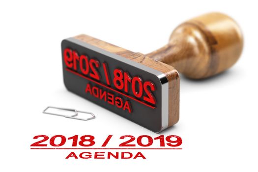 Rubber stamp and 2018 2019 agenda over white background. 3d illustration. 