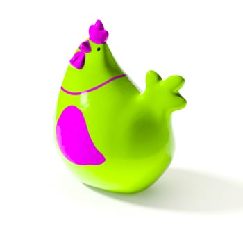 3d illustration of a stylish green and pink ceramic chicken for easter decoration