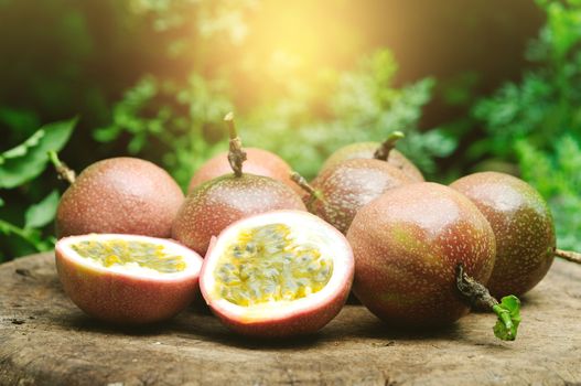Passion fruit on wooden table.