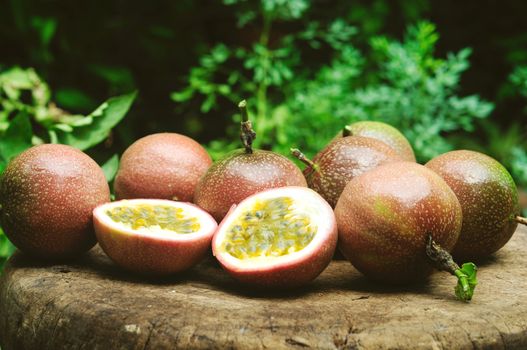 Passion fruit on wooden table.