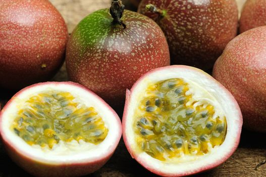 Passion fruit on old wooden table.