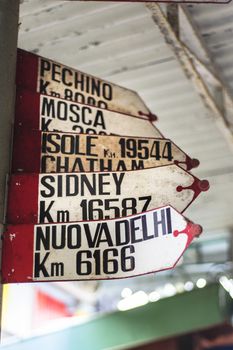 ancient signs with marked distances from the main cities of the world Beijing Moscow Sydney Cape Town