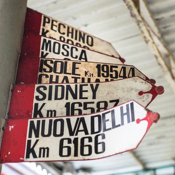 ancient signs with marked distances from the main cities of the world Beijing Moscow Sydney Cape Town