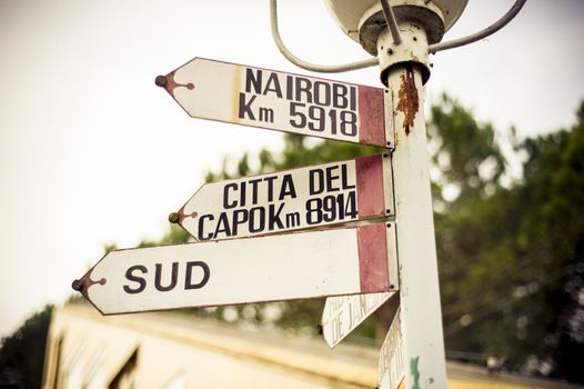 ancient signs with marked distances from the main cities of the world Beijing Moscow Sydney Cape Town