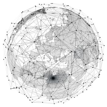 Close up of the Earth and a network lines on top of it. Concept of globalisation. A beautiful element for your design. 3d illustration. White background