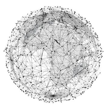 Close up of the Earth and a network lines on top of it. Concept of globalisation. A beautiful element for your design. 3d illustration. White background