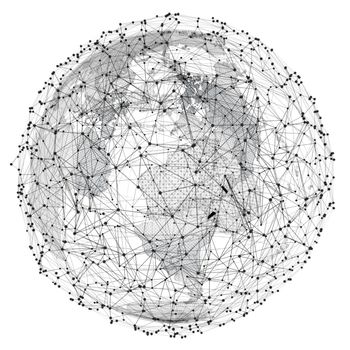 Close up of the Earth and a network lines on top of it. Concept of globalisation. A beautiful element for your design. 3d illustration. White background