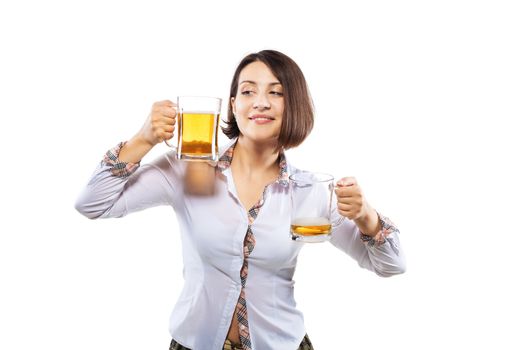 business girl holding two beer glasses against white background