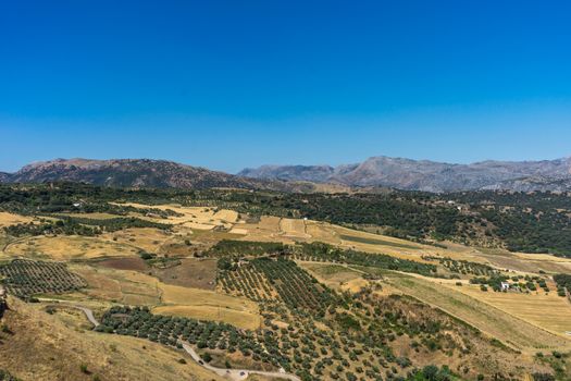 A gorge in the city of Ronda Spain, Europe on a hot summer day with clear blue skies