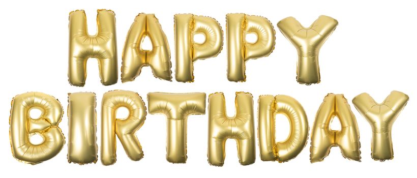 Golden Inflatable Happy Birthday spelling letters isolated on a white background.