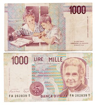 Obsolete Italian bank notes isolated on a white background.