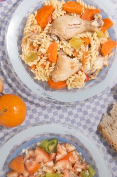 Typical Portuguese meal of Chicken with carrot and spaghetti.