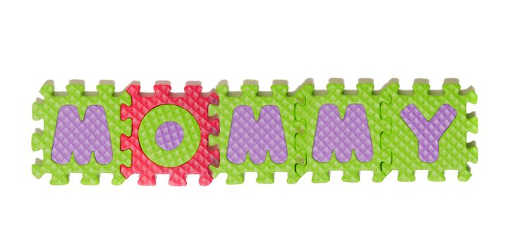 Foam puzzle letter uppercase with word Mommy isolated on a white background.