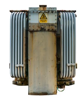 Isolated Grungy Electricity Grid Distribution Transformer With Cooling Ribs On A White Background
