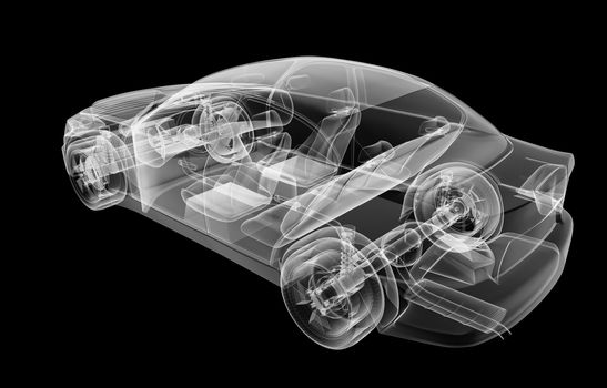 Xray image of a car on black background, 3d illustration