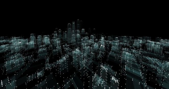 Illuminated night city skyline on black background. 3d illustration