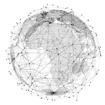 Close up of the Earth and a network lines on top of it. Concept of globalisation. A beautiful element for your design. 3d illustration. White background