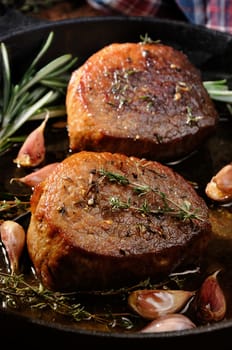 Beef steak. Juicy medium Rib Eye steak slices  herbs spices 